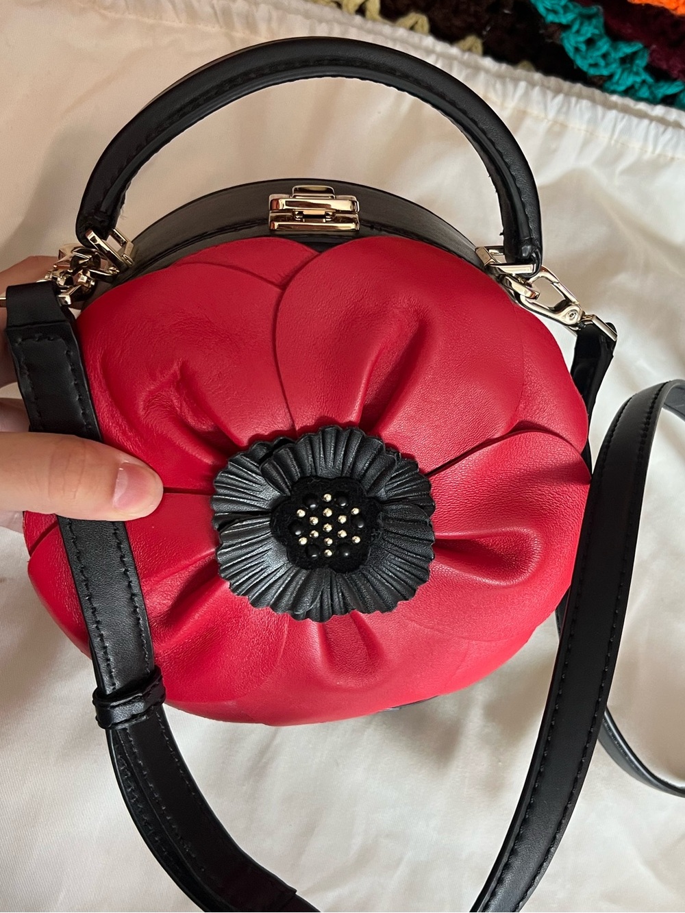 Red Floral Leather Crossbody Bag with Black Accents